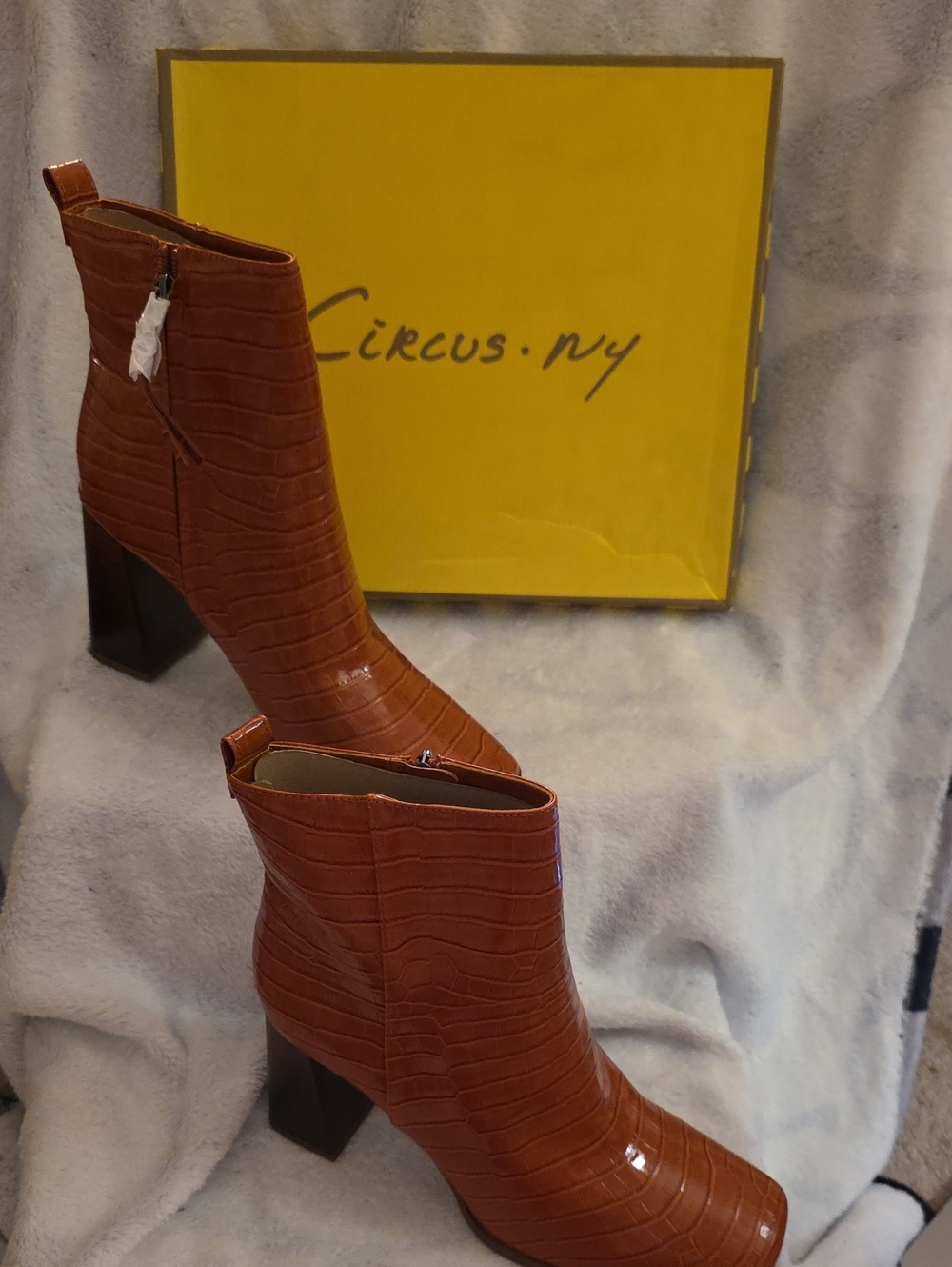 Circus by Sam Edelman Cognac Croc-Embossed Block Heel Ankle Boots